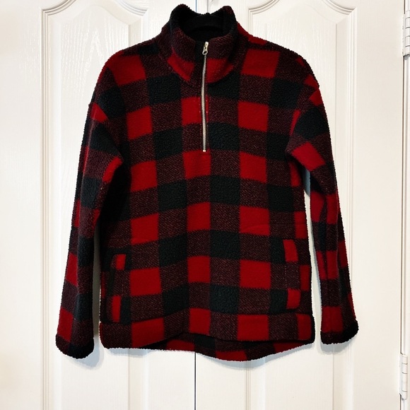Old Navy woman’s Sherpa 1/2 zip Sweater checked pullover size Small - Picture 1 of 11